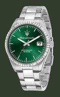 A Maserati stainless steel watch with a green sunburst dial, silver-tone metal bracelet, and a fluted bezel, shown on a plain white background.