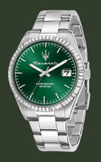 A Maserati stainless steel watch with a green sunburst dial, silver-tone metal bracelet, and a fluted bezel, shown on a plain white background.