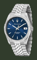 Maserati stainless steel watch with a blue dial, silver-tone fluted bezel, and matching steel link bracelet on a white background.