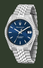 Maserati stainless steel watch with a blue dial, silver-tone fluted bezel, and matching steel link bracelet on a white background.