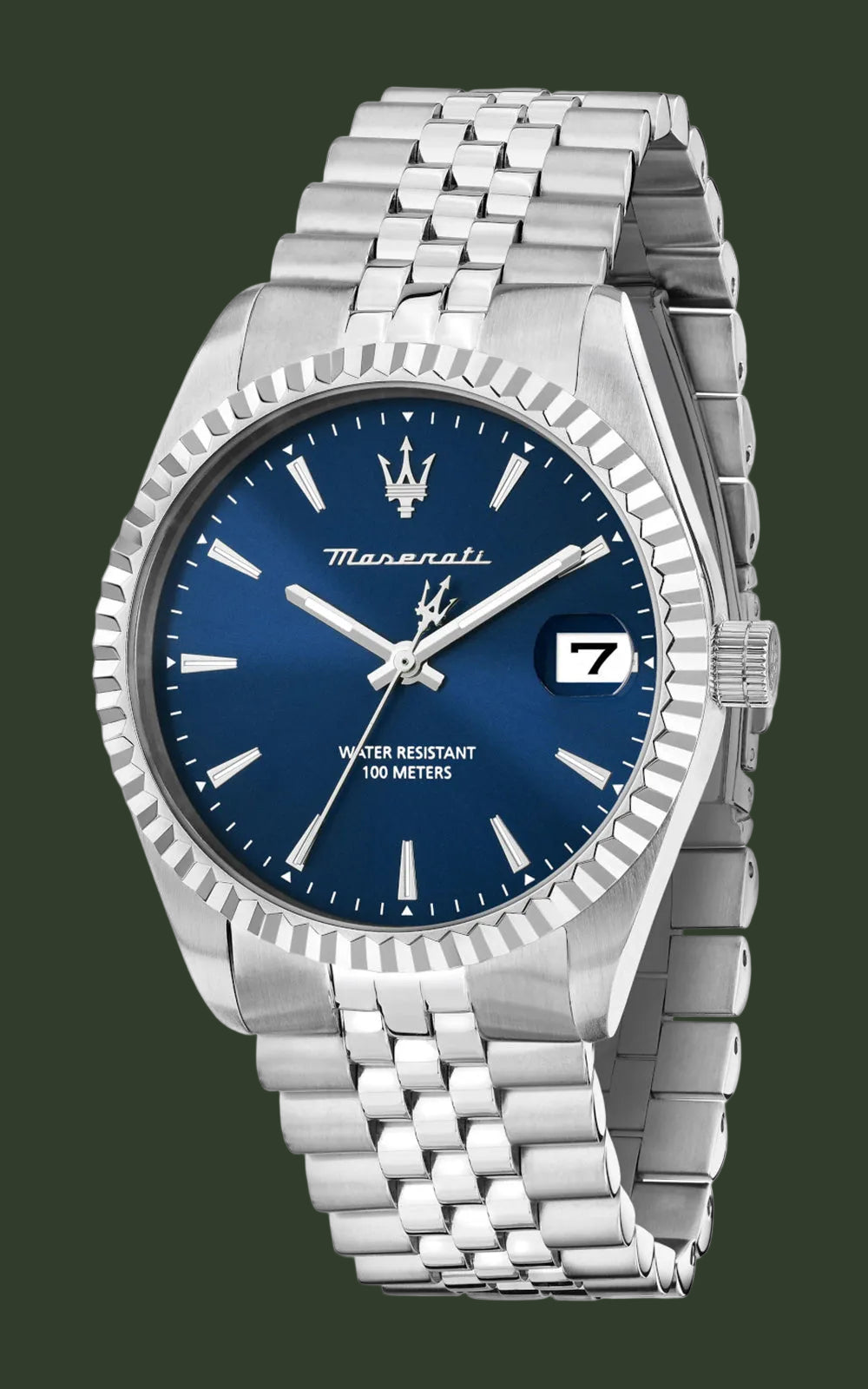 Maserati stainless steel watch with a blue dial, silver-tone fluted bezel, and matching steel link bracelet on a white background.