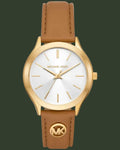 Michael Kors watch with gold case and brown leather strap on a white background