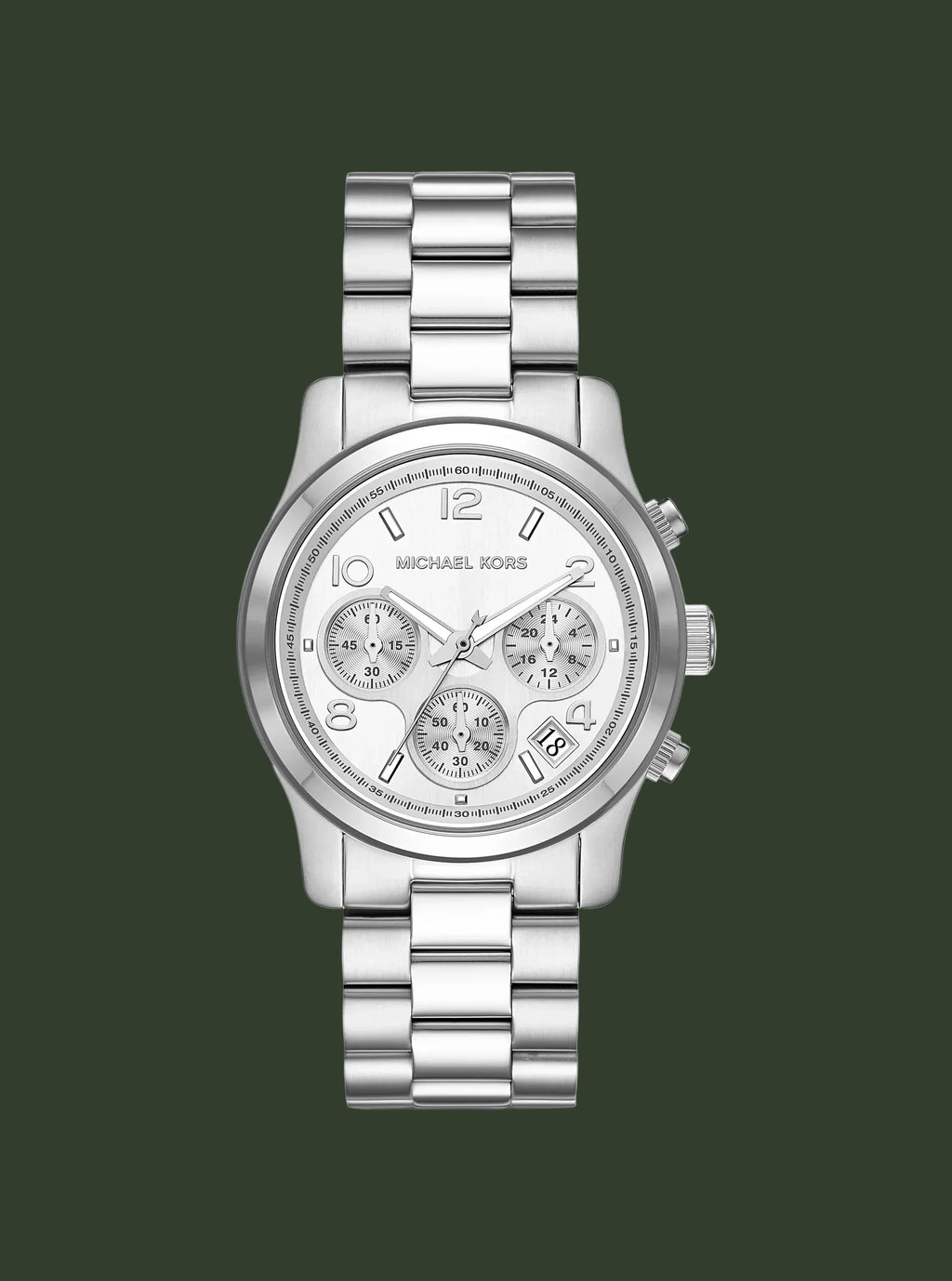 Silver watch with a detailed face on a white background