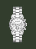 Silver watch with a detailed face on a white background