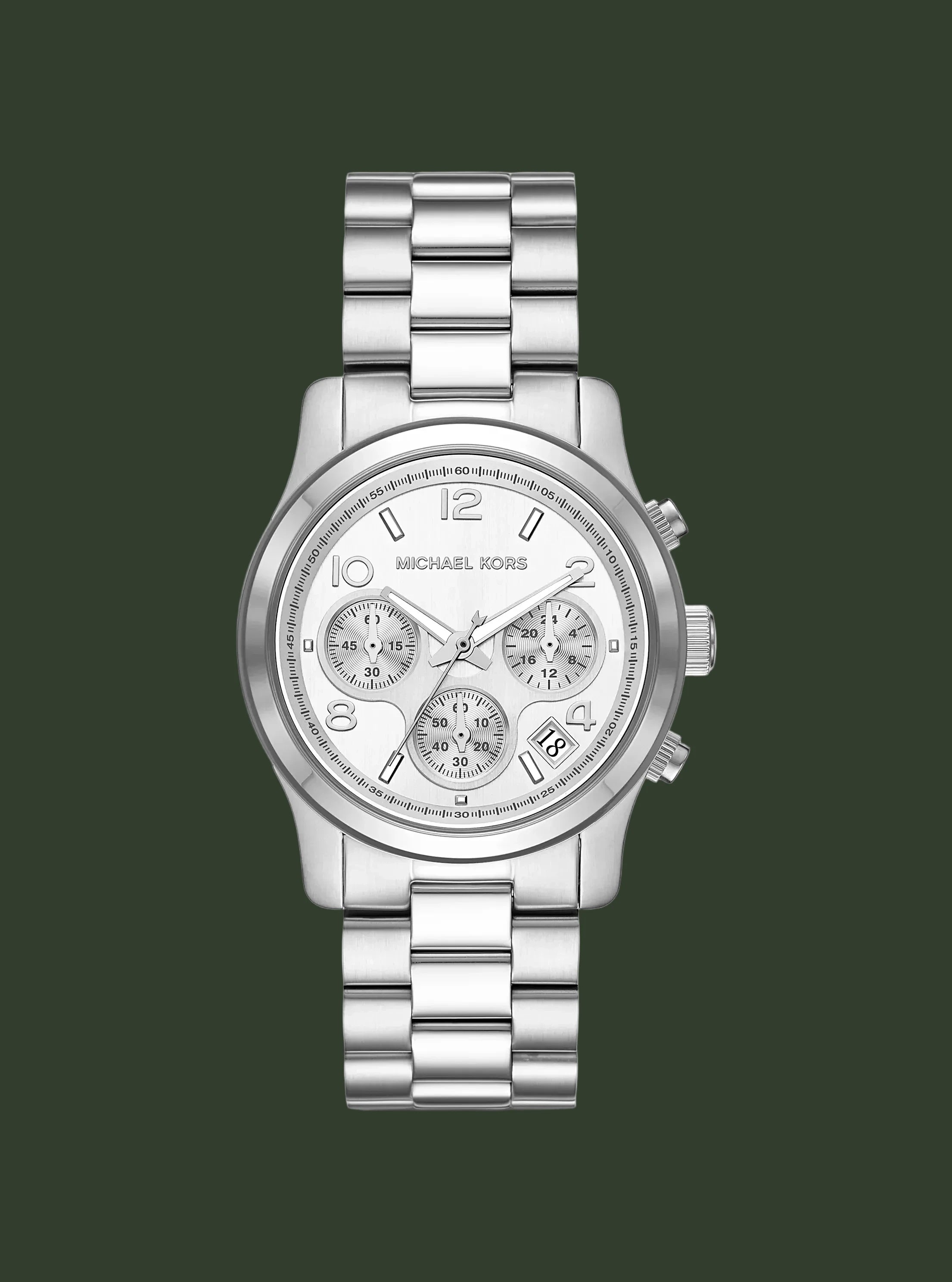 Silver watch with a detailed face on a white background