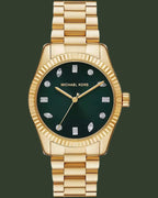 Gold watch with a green face and diamond accents on a white background