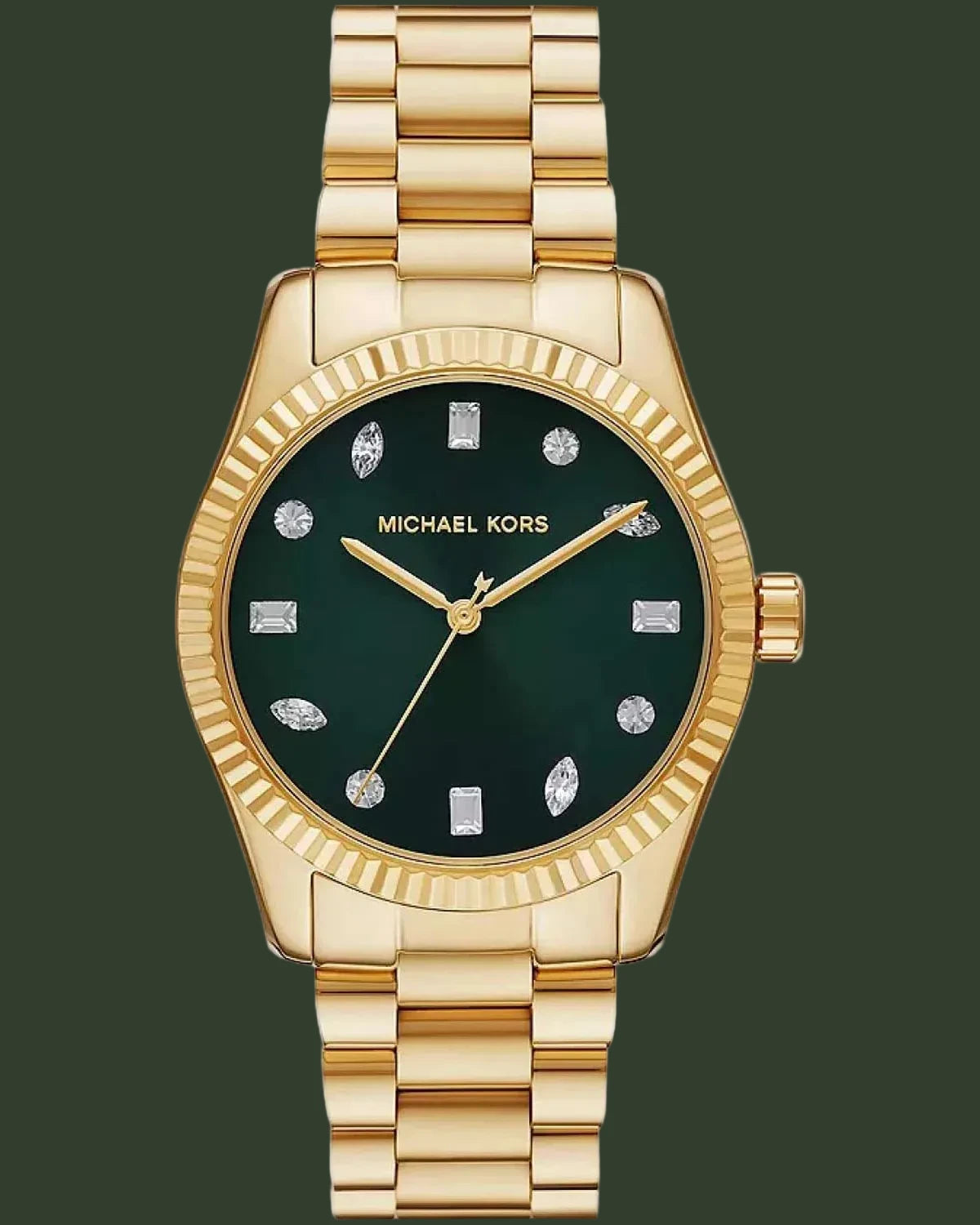Gold watch with a green face and diamond accents on a white background