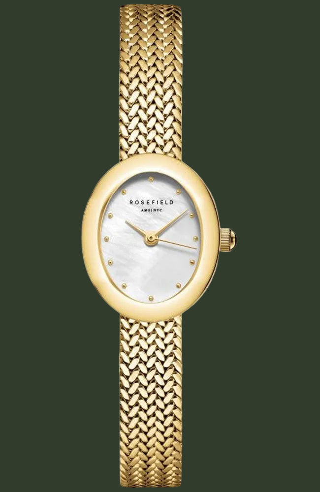 A Rosefield women's watch featuring an oval gold-tone case, a white mother-of-pearl dial, and a textured gold-tone mesh bracelet, shown against a plain white background.
