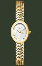 A Rosefield women's watch featuring an oval gold-tone case, a white mother-of-pearl dial, and a textured gold-tone mesh bracelet, shown against a plain white background.