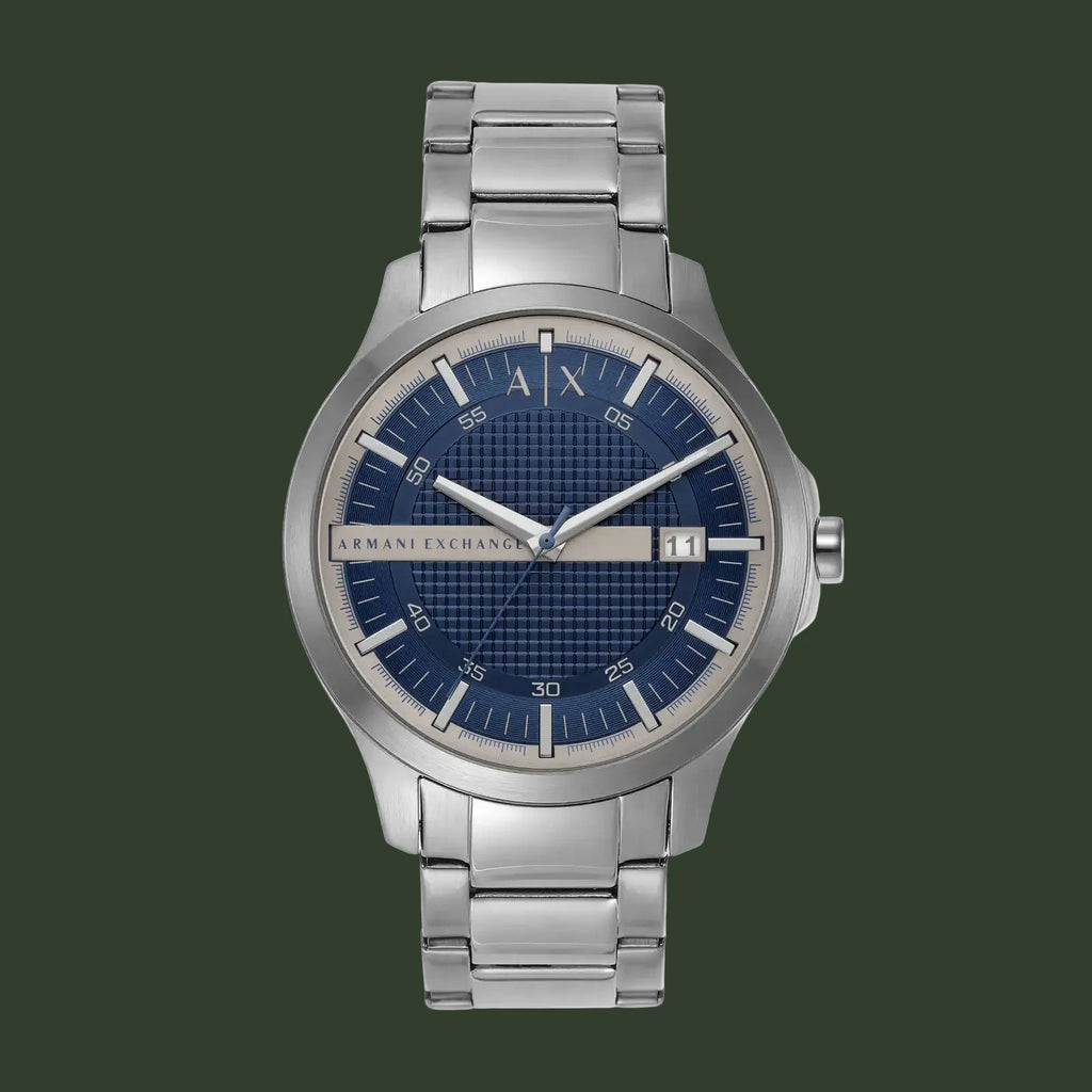 Silver Armani Exchange watch with a blue face on a white background