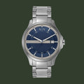 Silver Armani Exchange watch with a blue face on a white background