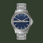 Silver Armani Exchange watch with a blue face on a white background