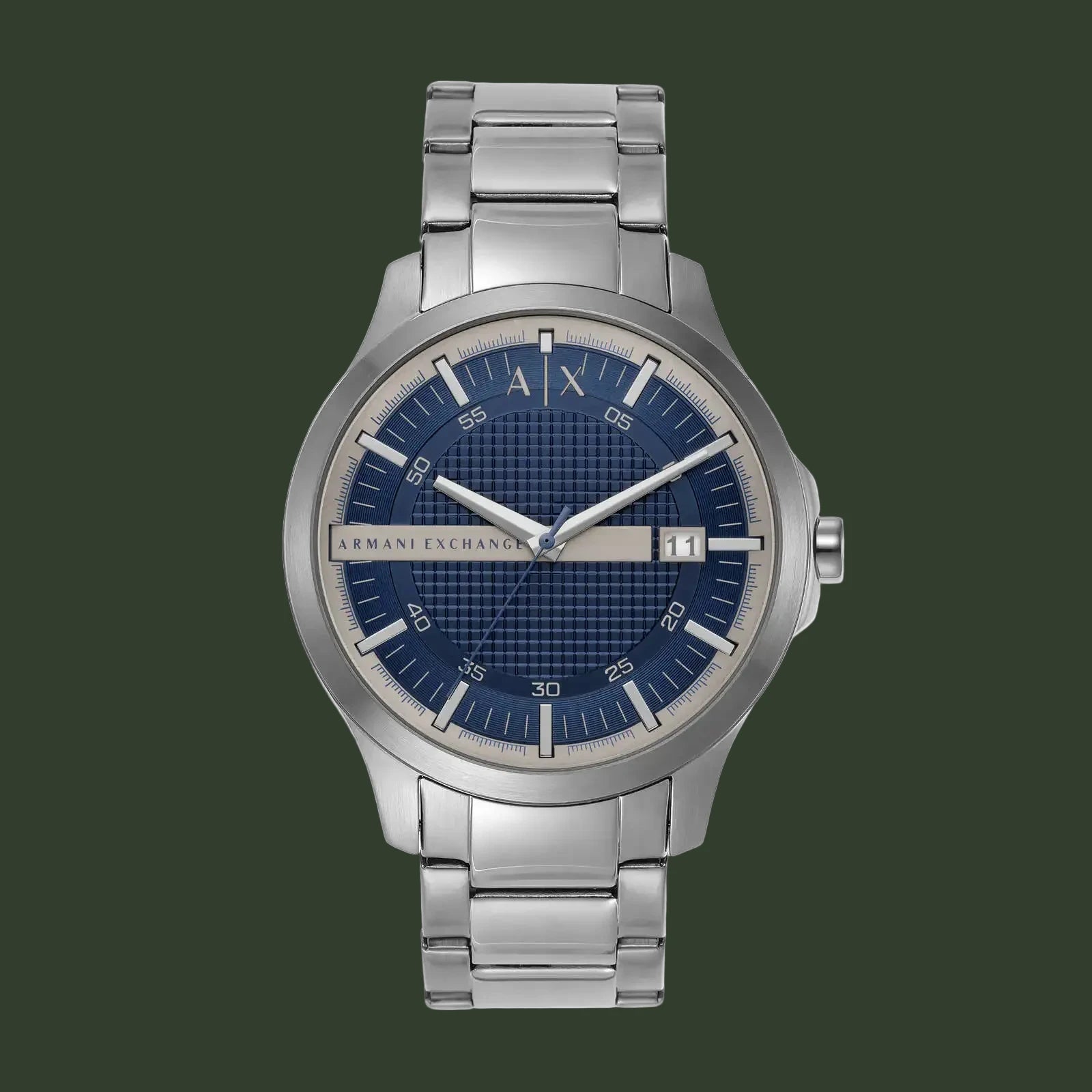 Silver Armani Exchange watch with a blue face on a white background