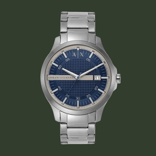 Silver Armani Exchange watch with a blue face on a white background