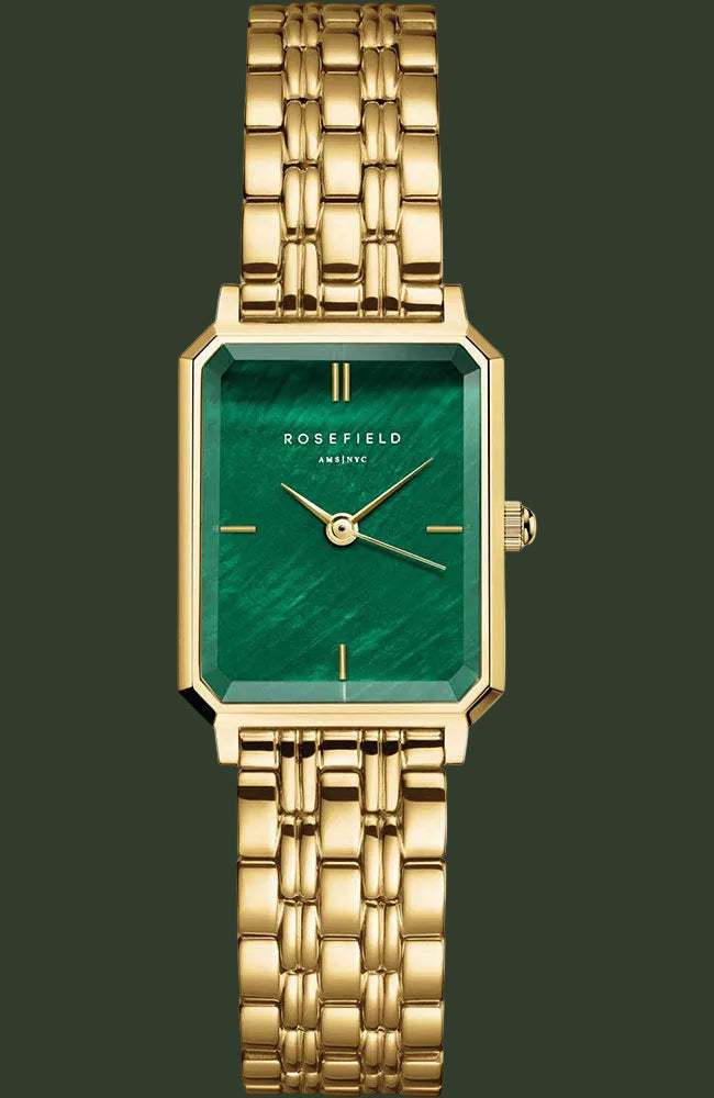 Rosefield women's watch featuring a gold-tone metal link bracelet and a rectangular green dial with gold-tone hands and markers.