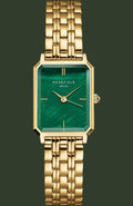 Rosefield women's watch featuring a gold-tone metal link bracelet and a rectangular green dial with gold-tone hands and markers.