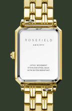 Rosefield Ams|Nyc stainless steel watch with a gold-tone metal link bracelet and bezel, featuring a white dial on the back cover.