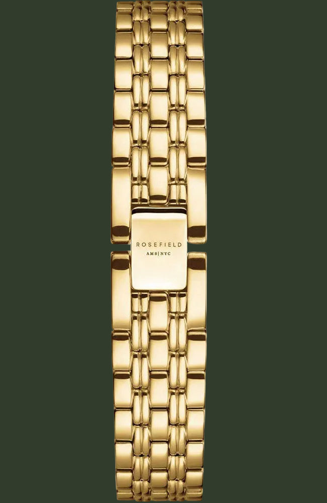 A gold-tone metal link bracelet watch band with a polished rectangular clasp engraved with 'ROSEFIELD AMSTERDAM', shown vertically against a plain white background.
