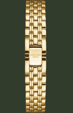 A gold-tone metal link bracelet watch band with a polished rectangular clasp engraved with 'ROSEFIELD AMSTERDAM', shown vertically against a plain white background.