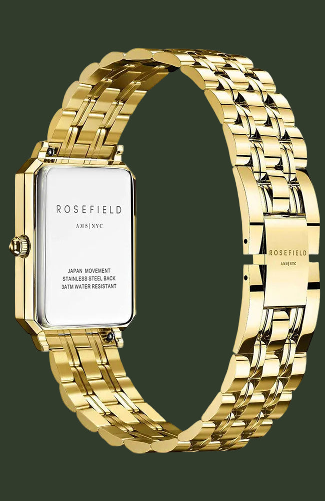 Rosefield women's watch with a gold-tone stainless steel link bracelet and a rectangular silver-tone case with a white dial, shown on a plain white background.