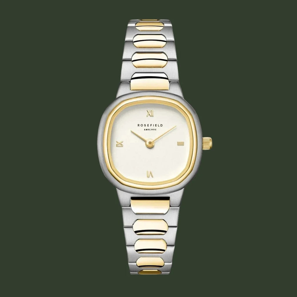 Two-tone watch with silver and gold band on a white background