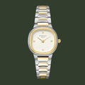 Two-tone watch with silver and gold band on a white background