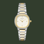 Two-tone watch with silver and gold band on a white background