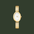 Gold watch with a white face on a light gray background