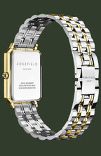 Rosefield AMJ NYC watch with a two-tone stainless steel and gold link bracelet, featuring a square white dial.