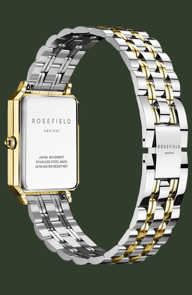 Rosefield AMJ NYC watch with a two-tone stainless steel and gold link bracelet, featuring a square white dial.