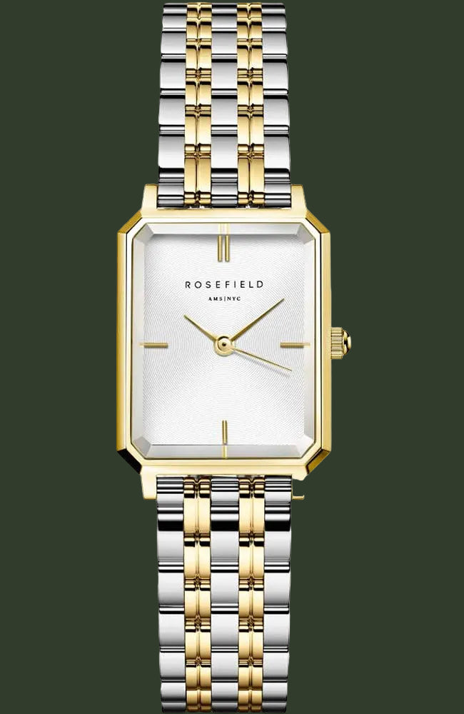 Rosefield women's two-tone stainless steel and gold watch with a rectangular white dial and matching two-tone metal bracelet, shown on a plain white background.