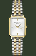 Rosefield women's two-tone stainless steel and gold watch with a rectangular white dial and matching two-tone metal bracelet, shown on a plain white background.