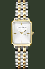 Rosefield women's two-tone stainless steel and gold watch with a rectangular white dial and matching two-tone metal bracelet, shown on a plain white background.