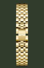 A gold-tone stainless steel link watch band with a polished finish, featuring the 'ROSEFIELD' brand name engraved on the center clasp, shown against a light off-white background.