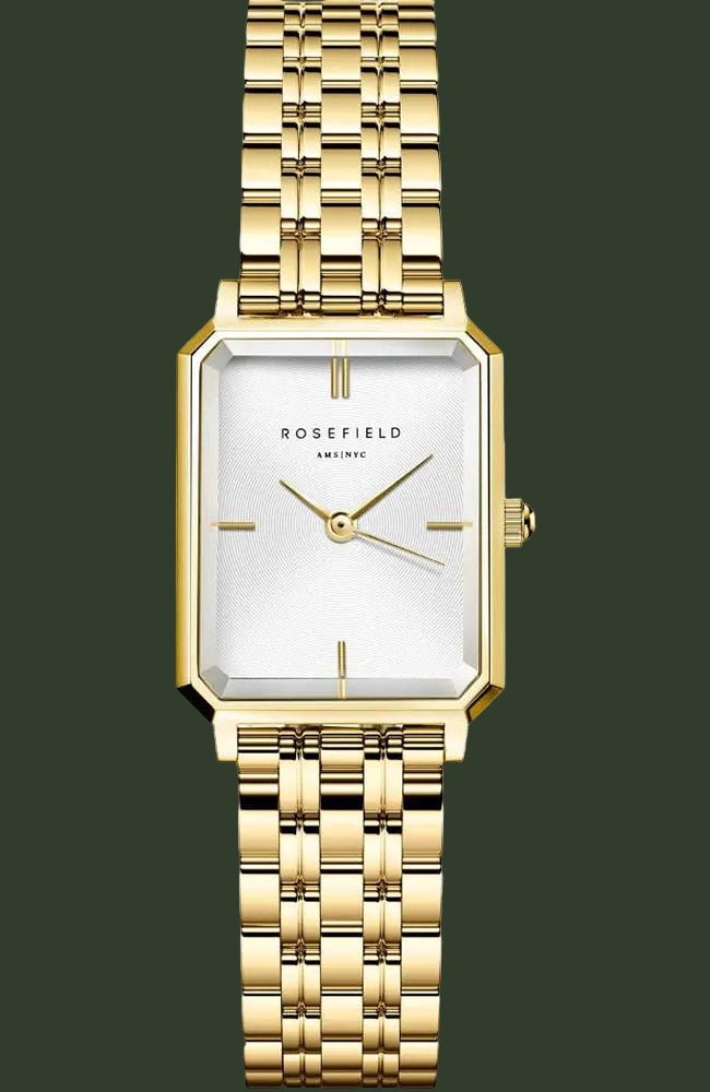 Rosefield Automatic women's watch featuring a gold-tone rectangular case, white dial, and matching gold-tone metal link bracelet, shown against a plain white background.