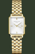 Rosefield Automatic women's watch featuring a gold-tone rectangular case, white dial, and matching gold-tone metal link bracelet, shown against a plain white background.