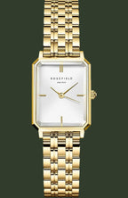 Rosefield Automatic women's watch featuring a gold-tone rectangular case, white dial, and matching gold-tone metal link bracelet, shown against a plain white background.