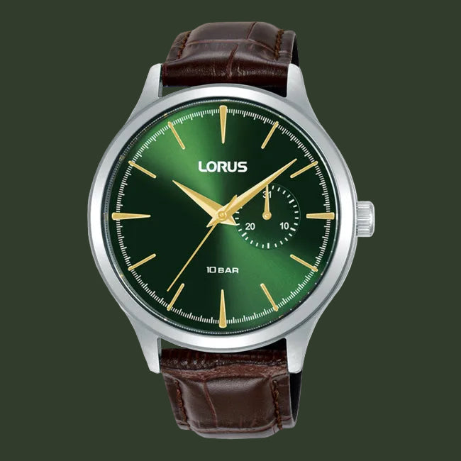 A LORUS men's analog watch featuring a green dial, gold-tone hands and indices, a silver-tone stainless steel case, and a brown leather strap.