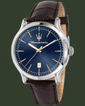 Maserati watch with brown leather strap and blue dial on a white background