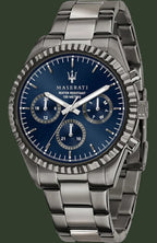 Maserati watch with blue dial and silver metal strap on a white background