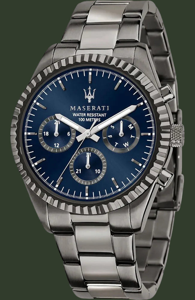 Maserati watch with blue dial and silver metal strap on a white background