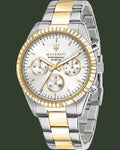 Two-tone Maserati watch with silver and gold strap on a white background