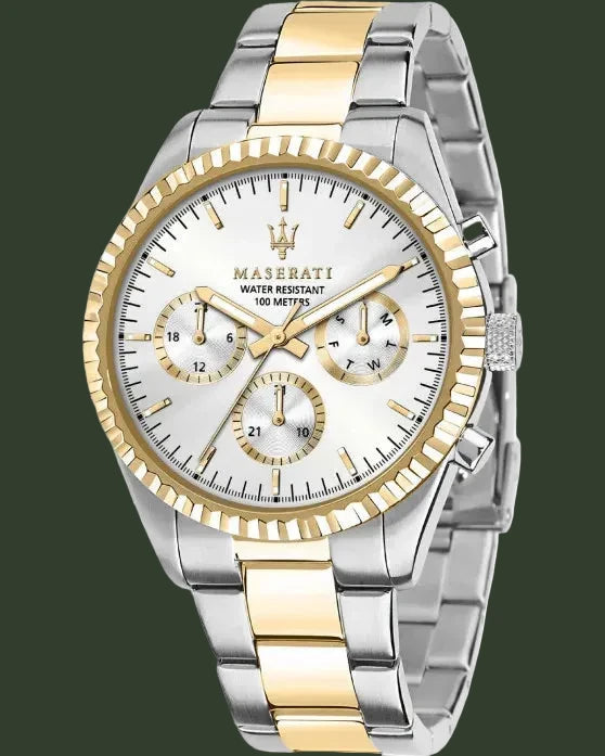 Two-tone Maserati watch with silver and gold strap on a white background