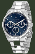 Maserati watch with blue dial and silver bracelet on a white background