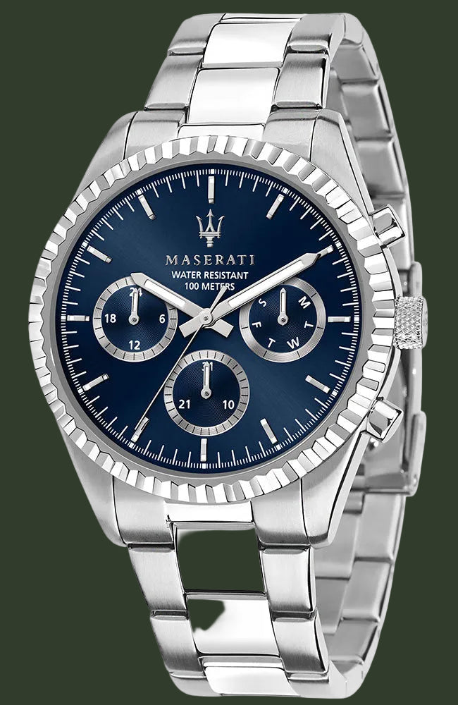 Maserati watch with blue dial and silver bracelet on a white background