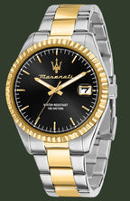 Two-tone watch with black face and gold accents on a white background