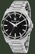 Maserati watch with black dial and silver metal strap on a white background