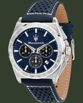 Maserati watch with blue perforated leather strap on a white background