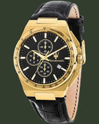 Gold watch with black face and leather strap on a white background