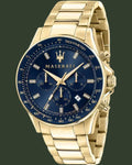 Gold Maserati watch with blue dial on a white background